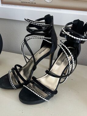 bebe Black and White Braided Strappy High Heel Sandals